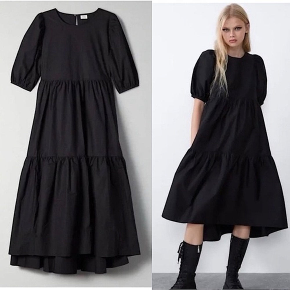 Aritzia Black Tiered Midi Dress with Puff Sleeves